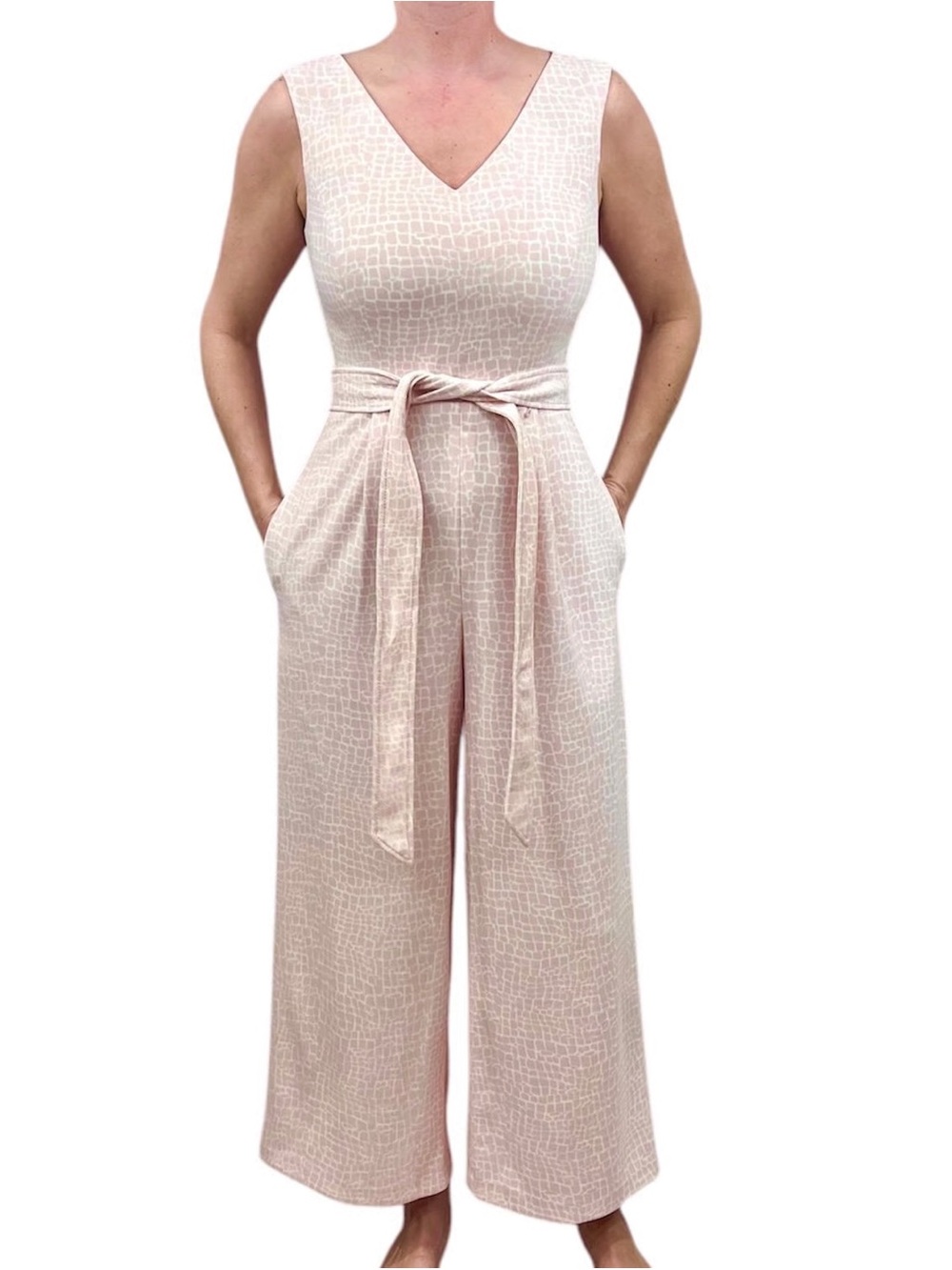 Calvin Klein Blush Textured V-Neck Wide-Leg Jumpsuit with Tie Waist